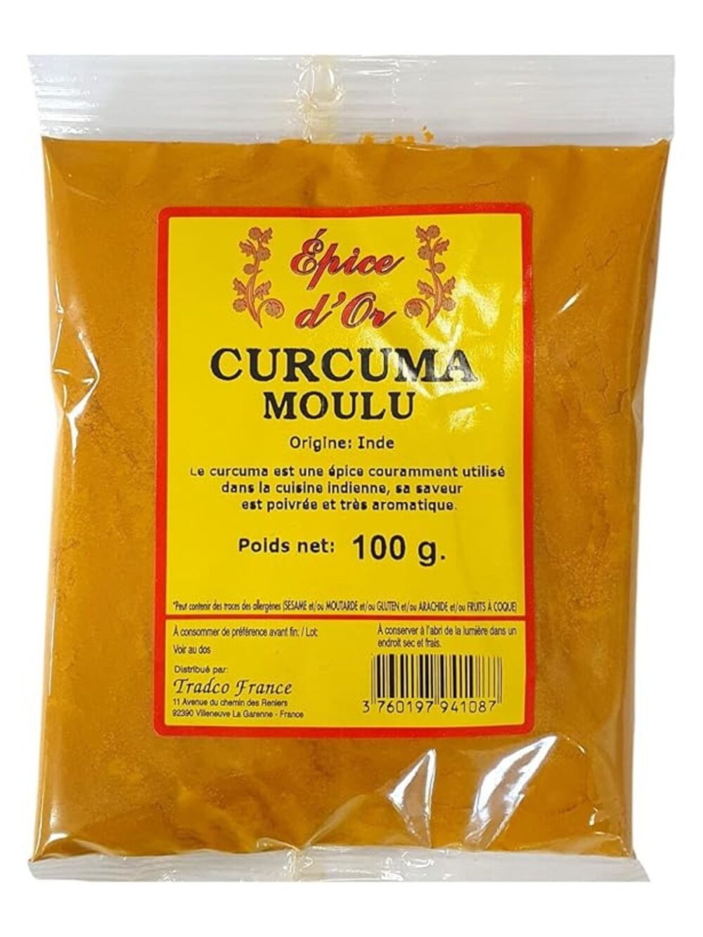 Sachet de curcuma moulu Épice d’Or 100 g – épice indienne aux saveurs poivrées pour curry et cuisine santé