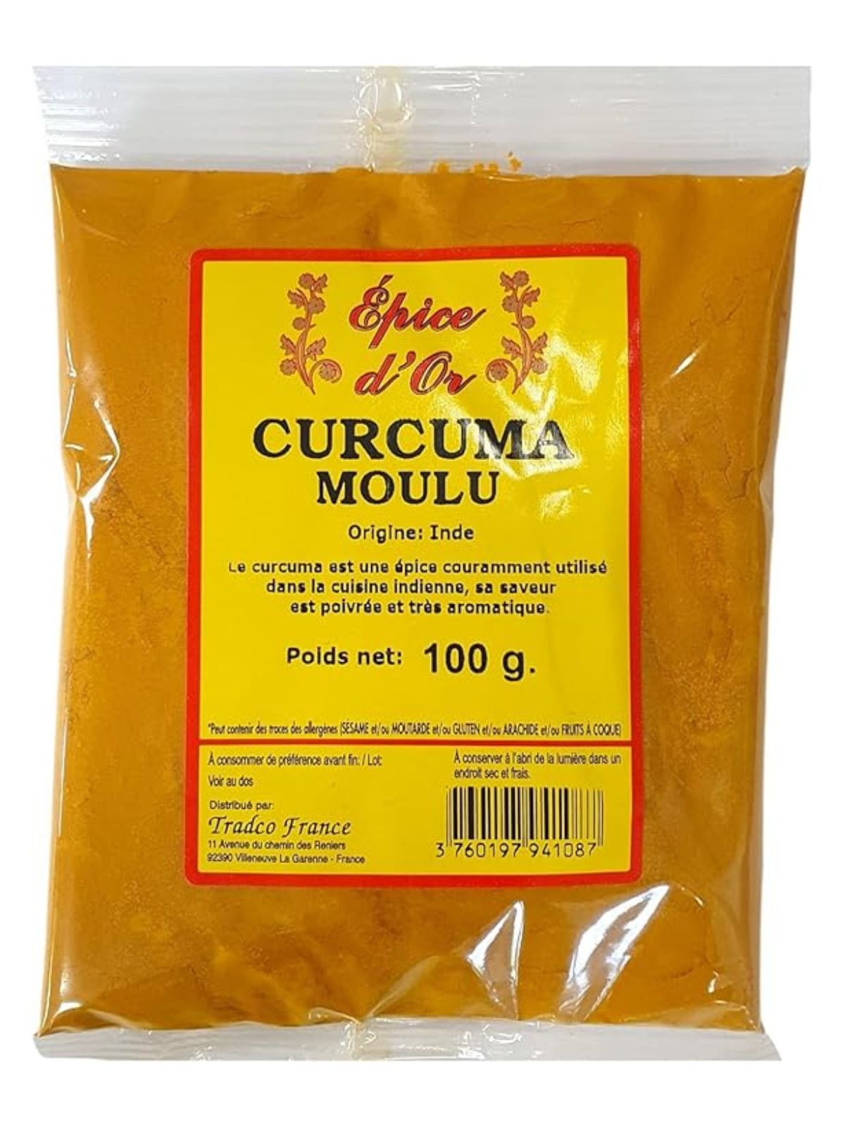Sachet de curcuma moulu Épice d’Or 100 g – épice indienne aux saveurs poivrées pour curry et cuisine santé